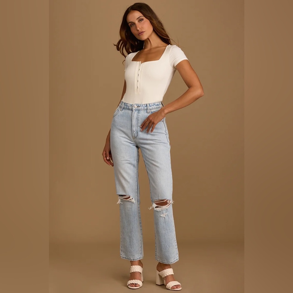 Rollas Original Straight Light Wash Distressed Denim High Rise Jeans